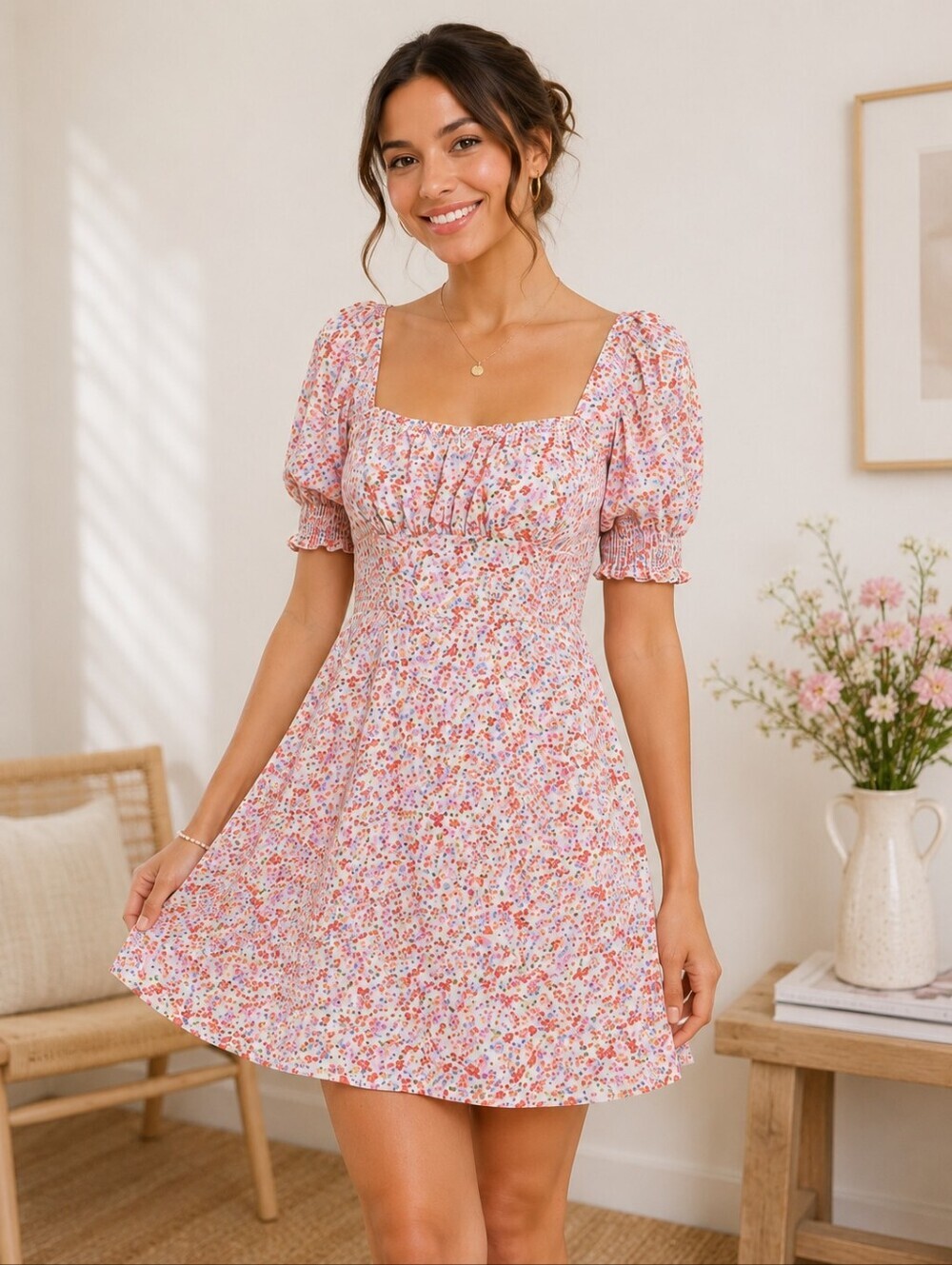 TRIXXI Floral Puff Sleeve Mini Dress Smocked Back Cottagecore Size L
